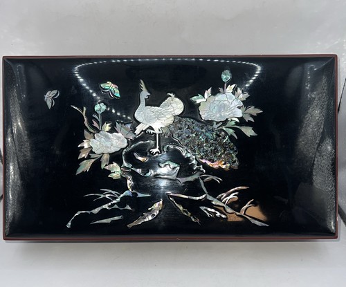 Black Lacquered Asian Tobacco Ashtray Box Mother Of Pearl Abalone Inlay Bird