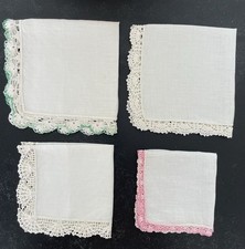 Lot Of 4 Vintage White Linen Cotton Crocheted Handkerchiefs Excellent 9-12  