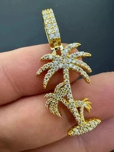 Authentic Mini Palm Tree Pendant 1.50Ct Round Cut VVS1 Moissanite 14K Yellow Gold Plated