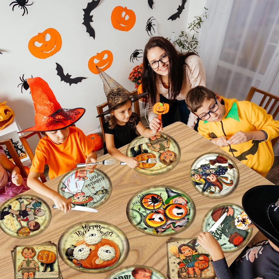 Decoraciones de Halloween vintage, 60 piezas platos y servilletas vintage de Halloween Foto 3 de 4