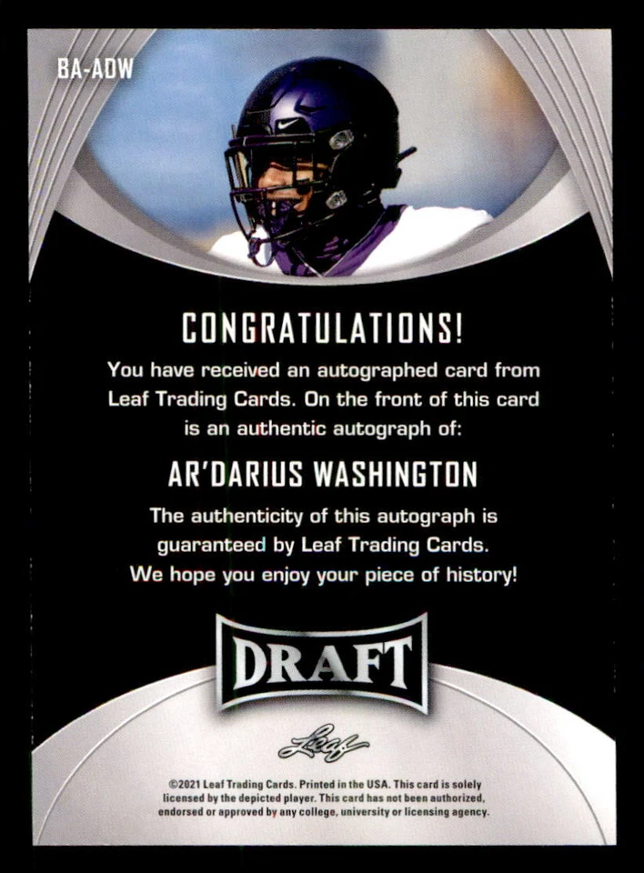 2021 Leaf Draft AUTO #BAADW Ar?Darius Washington (ref 225426) - Image 2 of 2