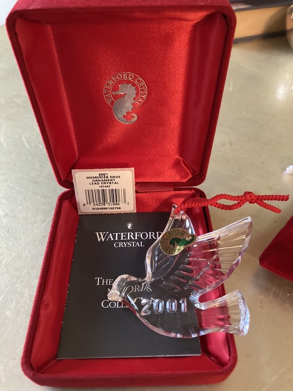 Waterford Crystal 2001 Dove Christmas Ornament.  New w/Original Box, Bag & Tags