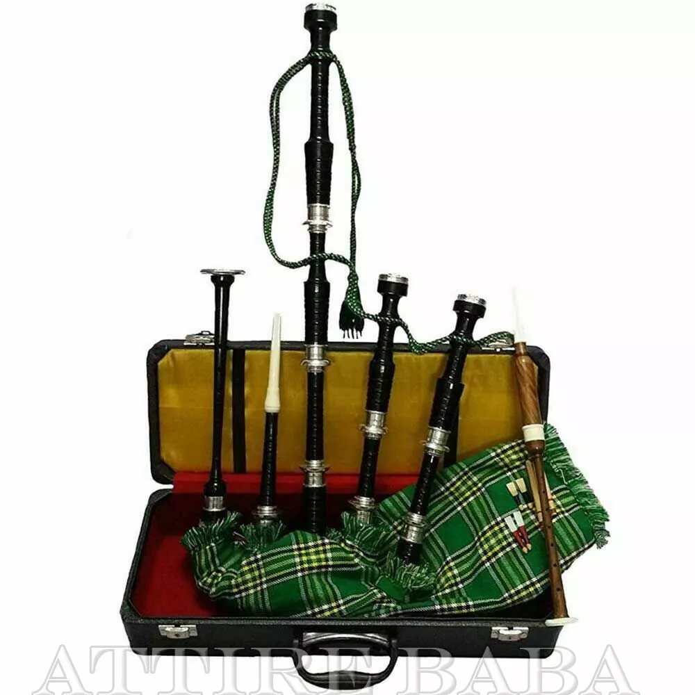 Professional Irish Bagpipe Black Finish Silver Mounts Bagpipes With Hard Case