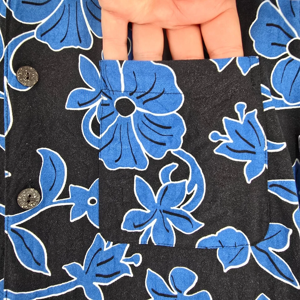 Гавайская рубашка Hana Bay мужская средний размер тропический цветочный узор на пуговицах SS синяя черная - Изображение 3 из 4