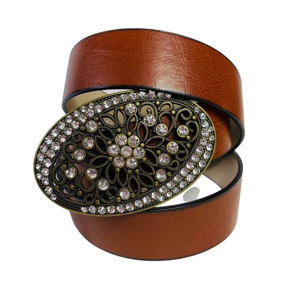 Colete de cowgirl costeiro Style Co marrom couro sintético tamanho XL oval fivela de strass - Imagem 2 de 4