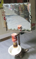 ANTIQUE VICTORIAN MANS SHAVING MIRROR AND BRUSH CAST IRON STAND*