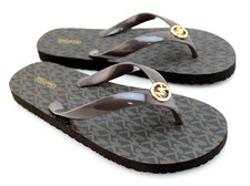 MICHAEL KORS Size 7 Brown /Gold Metal MK Charm Logo Women Flip Flops MSRP 75