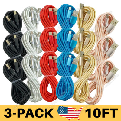3Pack 10Ft USB Fast Charging Cable Braided For iPhone 14 13 11 12 8 Charger Cord