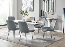 Image of IMPERIA White High Gloss Pillar Dining Table and 6 Velvet Faux Leather Chairs