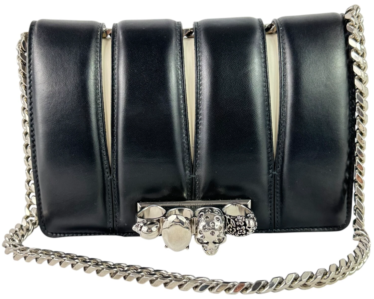 Alexander McQueen — ALEXANDER McQUEEN Black Leather Skull Slash Studded Chain Link Shoulder Bag