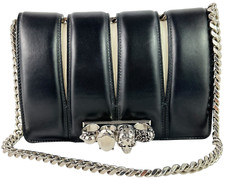 ALEXANDER McQUEEN Black Leather Skull Slash Studded Chain Link Shoulder Bag