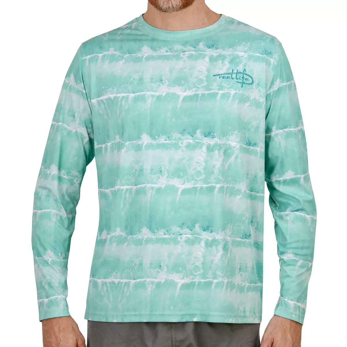 Mens Reel Life Long Sleeve UV Tee L Large Rolling In Waves AOP Blue Tint NEW