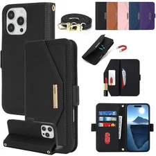 Case For iPhone 16 15 Pro Max 14 13 12 11 Wallet Case Leather Strap Stand Cover