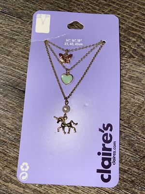 Claire’s Gold Tone Green Enamel Pearl Unicorn Rhinestone Butterfly Necklace  Set