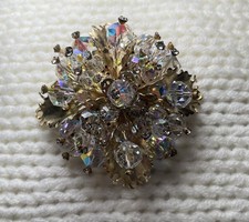 Vintage Gold Tone Metal Large Beaded Starburst Flower Brooch