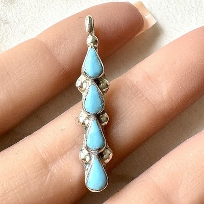 Turquoise Tear Drops Zuni Pendant Native American 1.5in Signed Sterling Handmade