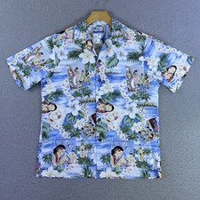 VTG RJC Mens Hawaiian Shirt Sz M Blue Camp Floral Hula Girl Aloha Palm Trees USA