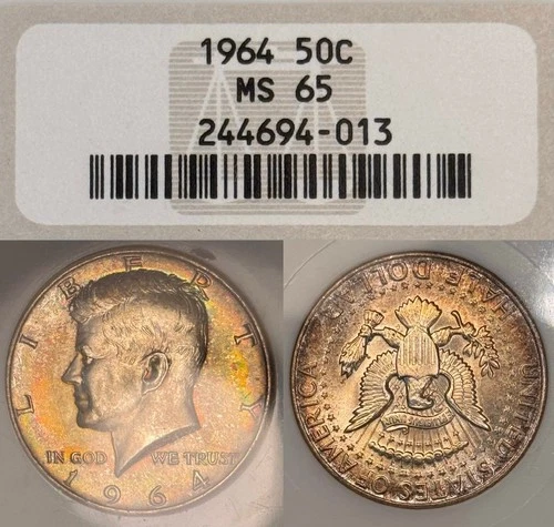 MS65 1964 50C Kennedy Silver Half Dollar, NGC Fatty- Nicely Rainbow Toned