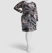 DKNY Women's Blue Printed Side-Ruched Long-Sleeve Mesh Dress Plus Size 16W