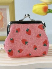 NEW Strawberry Print Kiss Lock Coin Purse Hot Pink Red Silver Closure