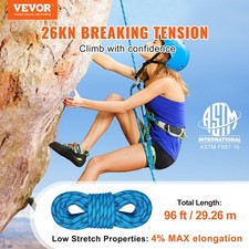 Static Climbing Rope, 96 ft Outdoor Rock Climbing Rope with 26KN Breaking T