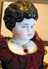 GERMAN 12" ANTIQUE CHINA HEAD PORCELAIN DOLL DIAMOND RUBY NECKLACE ORIG DRESS