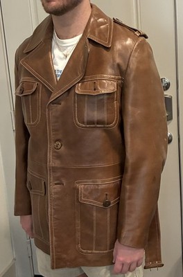 Vintage 1970s Cortefiel Leather Coat | Brown Leather Jacket w/ Belt | Size 40 |