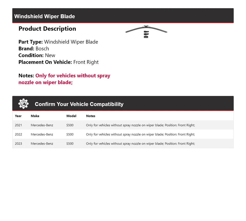 For 2021-2023 Mercedes S500 Bosch ICON Windshield Wiper Blade Front Right 2022 - Image 2 of 4