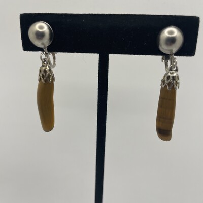VTG Silvertone Brown Tigers Eye Tumble Stone Nugget Style Clip On Drop Earrings