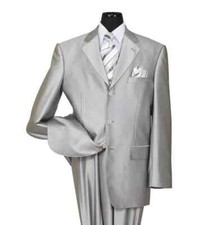 Men's 3 Button Elegance Wool Feel Suits Shark Skin Look Silver 58025