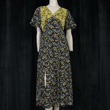 Girl In Mind Floral Midi Dress UK 12 Yellow Black Wrap Style Short Sleeve Slit