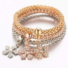 Tri Colored Flower Charm Bracelets Gold Silver Rose Gold Stretch Nature Crystal