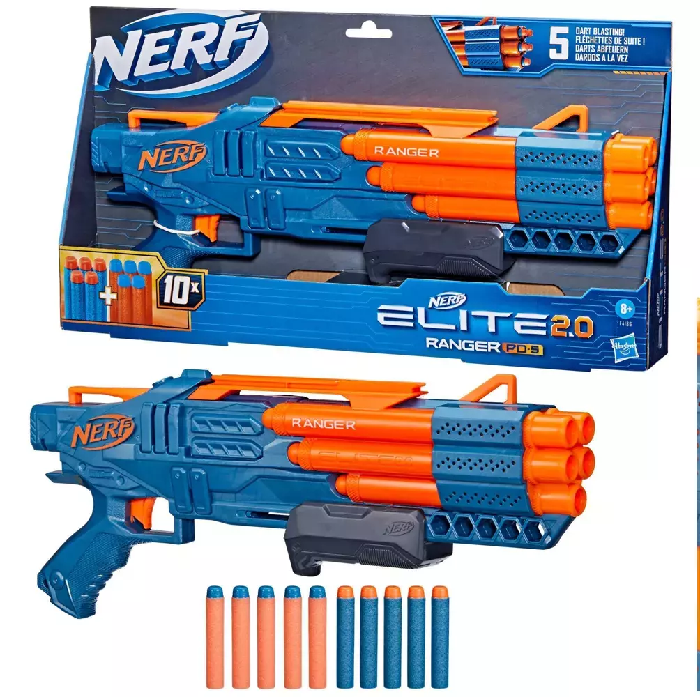 Nerf Elite 2.0 Ranger PD-5 Blaster, 5- Barrel Blasting, 10 Nerf Elite  Darts, Easy to Use, Dart Storage, Pump Action 