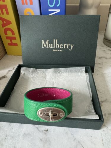 £160 Auth Mulberry Bayswater Leather Bracelet, Bright Grass Green, New +Gift Box - Foto 1 di 15