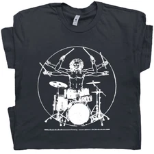 Drums T Shirt Vintage Set Cool Drummer Graphic Vitruvian Man Drumming Men Women 