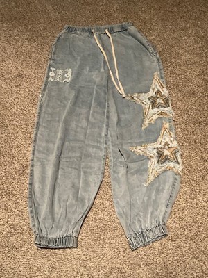 POL Denim Embroidered Stars Boho Patchwork Joggers Pants Women s Medium RELAXED