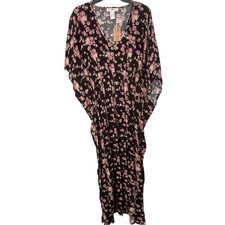 NWT Natural Life Women's Black Floral Maxi Kaftan Dress Smocked Waist Size Large