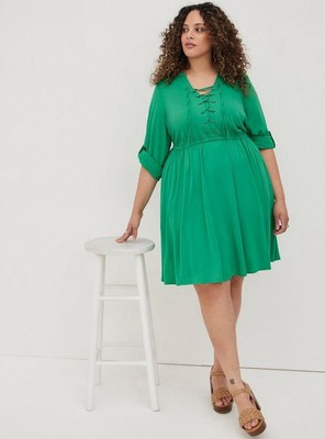 Torrid Plus Mini Shirt Dress Kelly Green Challis Lace-Up Roll Tab Sleeves |  eBay