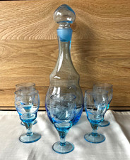 blaues Likörset, Karaffe mit 5 Gläsern handgeschliffen