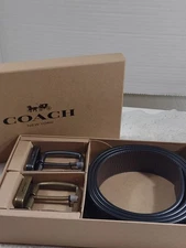COACH  2 Harness Buckle Black/Brown Reversible Belt Cut To Size Croc Boxed NWT