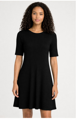 Eileen Fisher System Ribbed Shift Dress Size Medium Black Short Sleeve