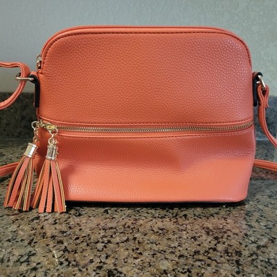 Orange Crossbody Bag, Tassel Accent, Zip Closure, Striped Interior