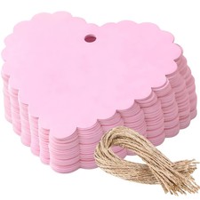 CVANU Pink Heart Scallop-Cut Gift Tags 200 Pcs Wedding Favor Labels w/ Twine