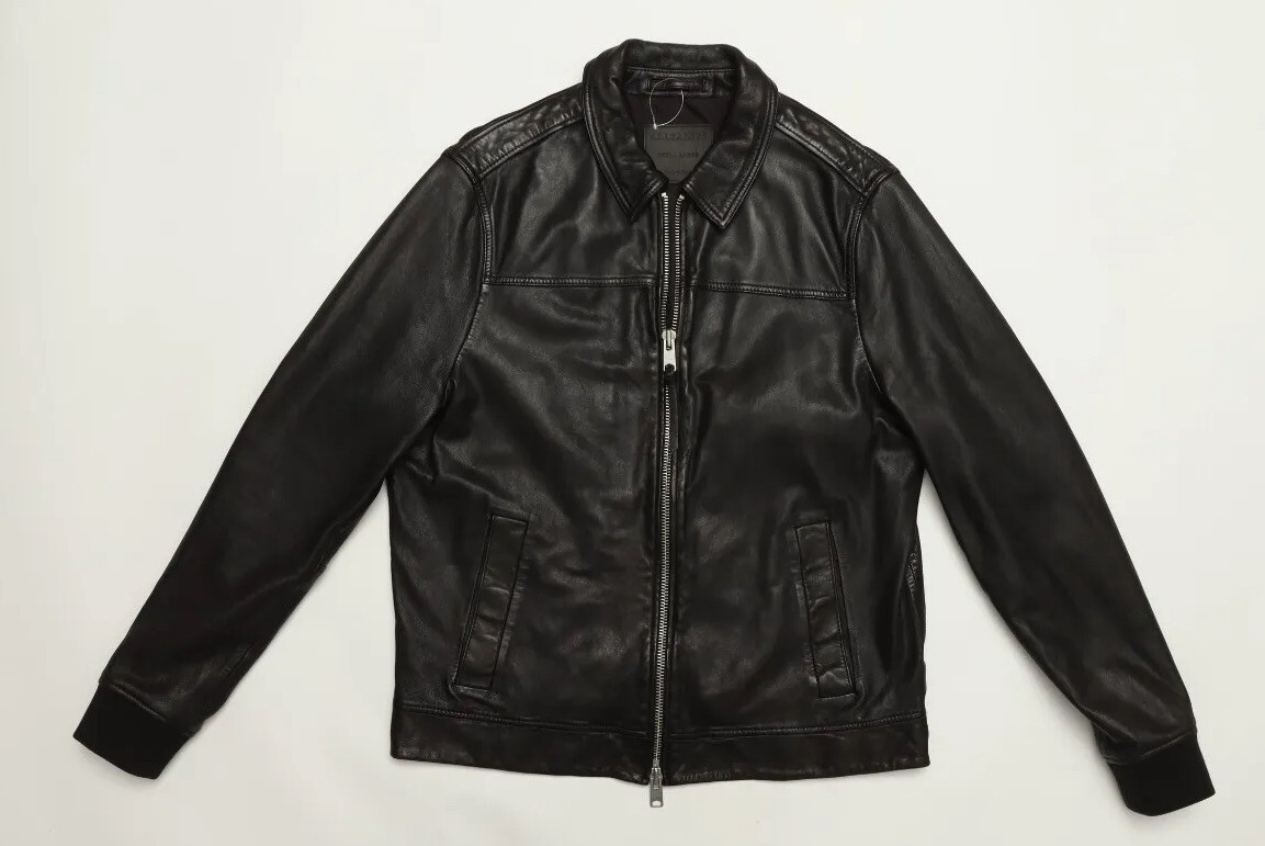 AllSaints Vieno Mens Leather Jacket Size XL X-Large in Black