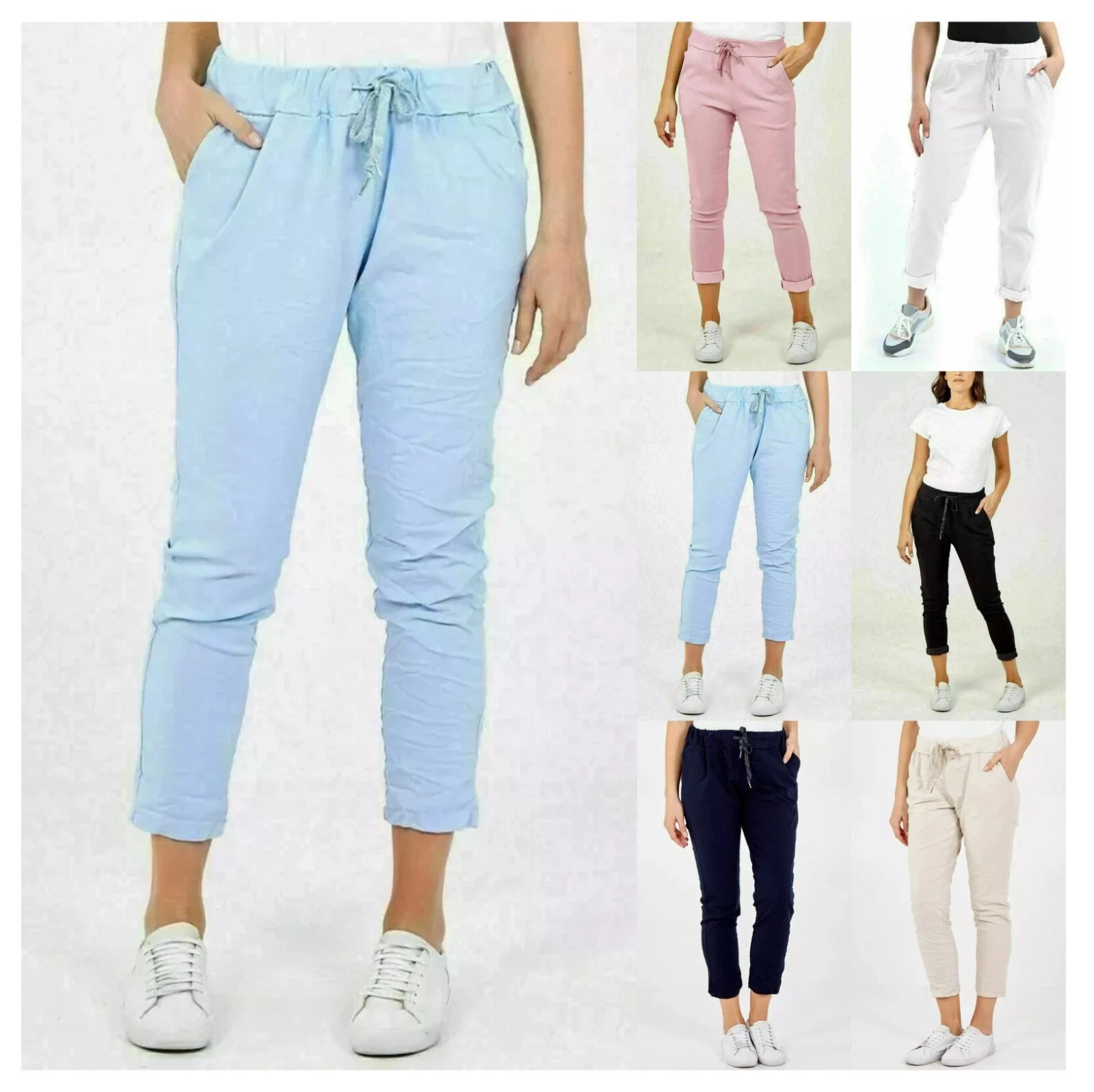 Ladies Italian Plain Magic Elasticated Stretchy Comfy Trousers Jogger Pants UK