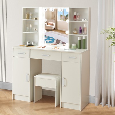 Vanity Make-up Tisch Schminktisch mit LED Beleuchtung und Hocker Weiß 6 Regal