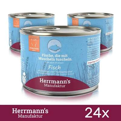 HERRMANN´S MANUFAKTUR 24 x Herrmanns Katzenfutter Fisch mit Grünlippmuschelpulver 200Gr MHD ABGELAUFEN