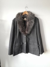 Halogen Woman Grey Wool Blend Removable Fur Jacket Blazer Size 16 Uk Xl