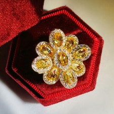 New Charm Flower Design Shinny Yellow Citrine Gems Women Girl Fashion Rings Gold