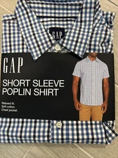 Gap Shirt Men's Large Short Sleeve Poplin Button Down Blue Plaid Retails $49.95